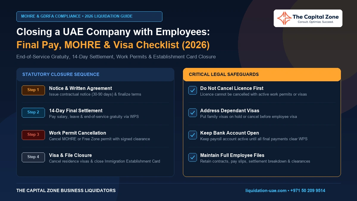 UAE company closure employee final settlement MOHRE and visa cancellation checklist